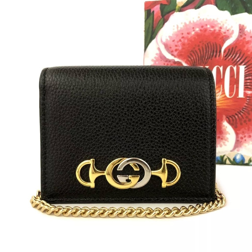 NWOT Gucci Zumi GG Black Leather Wallet on Chain Bifold.